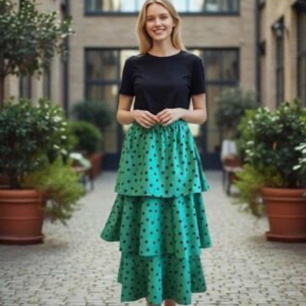 green polka dot tiered midi skirt cottagecore - Picture 5 of 5